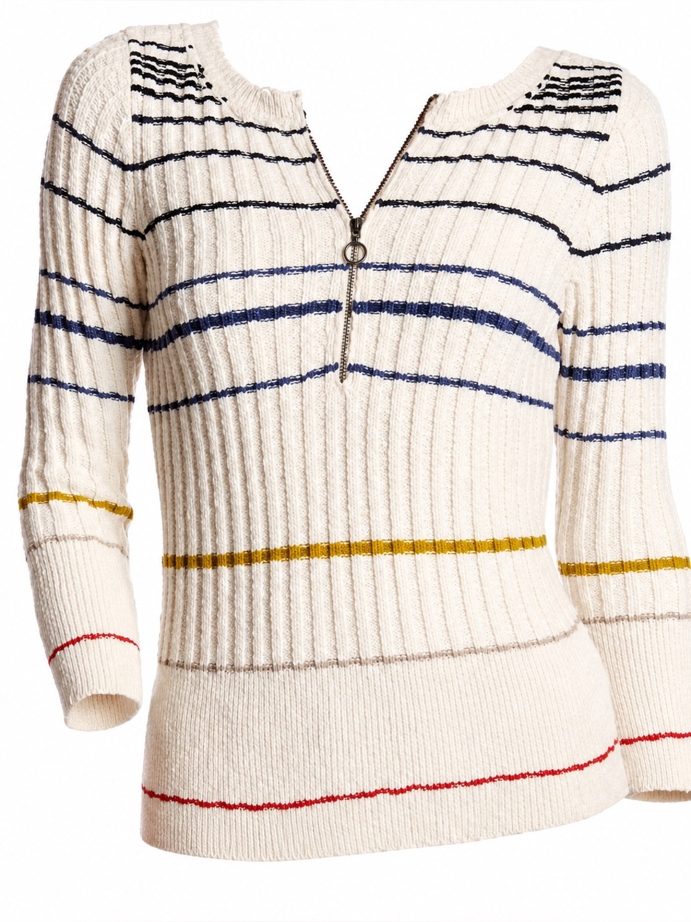 Free People EUC Rosi Rib Striped Half Zip Sweater Ivory M